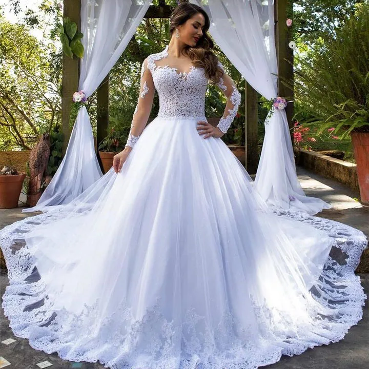 

2020 New Collection Long Sleeve Ball Gown Wedding Dresses With Long Train Lace Applique Sexy Sheer Neck Custom Made Bridal Gowns
