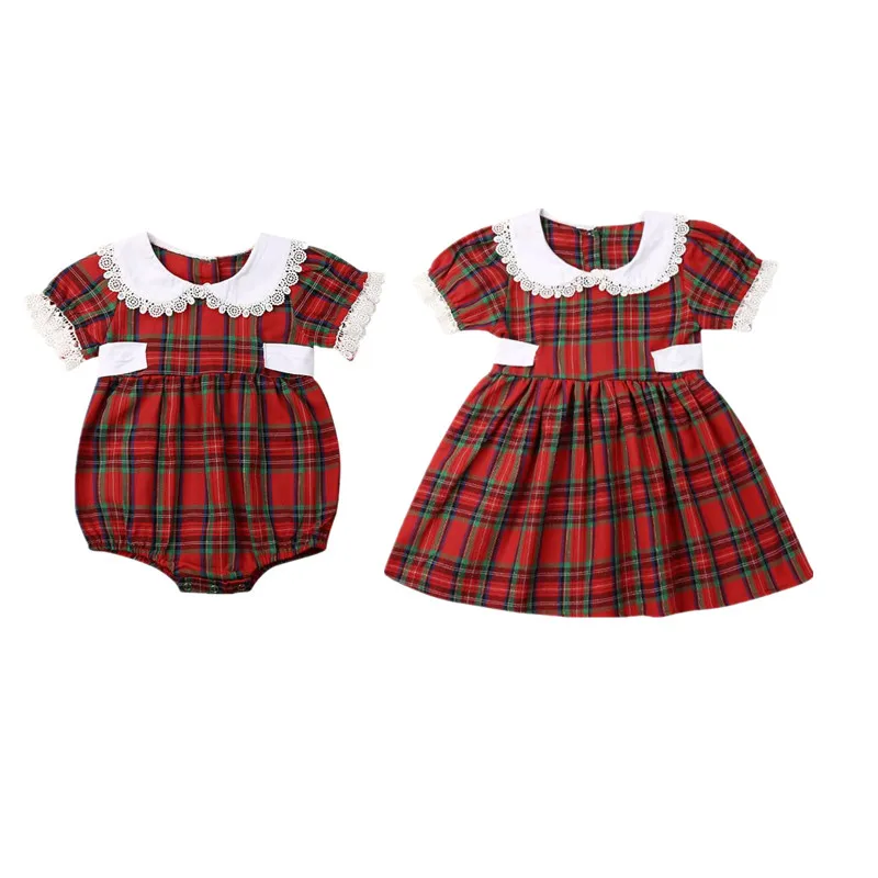 

2019 Sweet Kid Baby Girl Xmas Sister Matching Clothes Lace UP Short Sleeve Romper Lace Dress Outfits