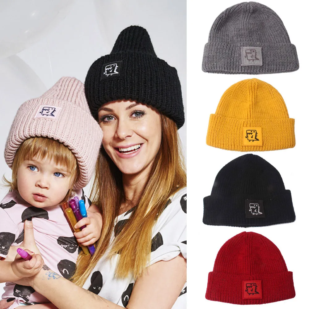Зимняя женская шапка, Вязанная, одноцветная, skullies, шапочки для женщин, сохраняющая тепло, вязанный динозавр, Теплый головной убор, шапка Mother& Me, шапка