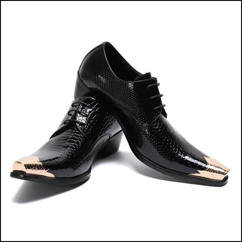 Alligator Pattern High Heels Man Formal Dress Party Shoes Patent Leather Oxfords Metal Toe Derby Men's Wedding Flats SL678