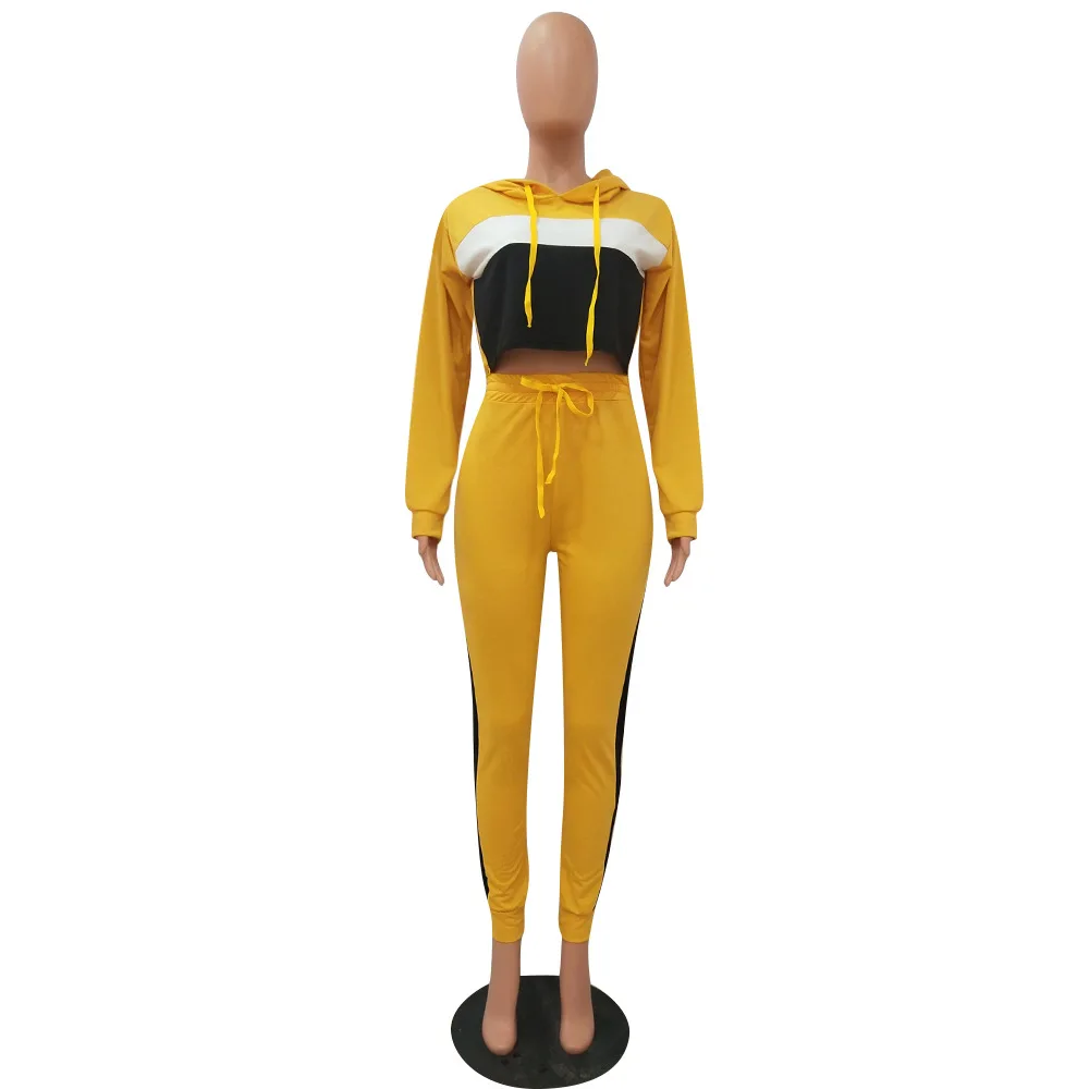 Повседневная Толстовка с капюшоном Топ+ штаны, костюм, цветной лоскутный Женский комплект 2 шт., спортивный костюм модная спортивная одежда, осенне-зимняя одежда