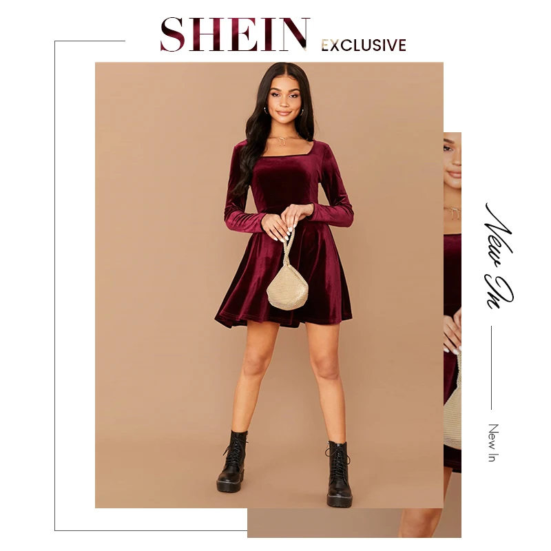 SHEIN однотонное элегантное бархатное платье с квадратным вырезом, женские весенние вечерние платья с высокой талией и длинным рукавом
