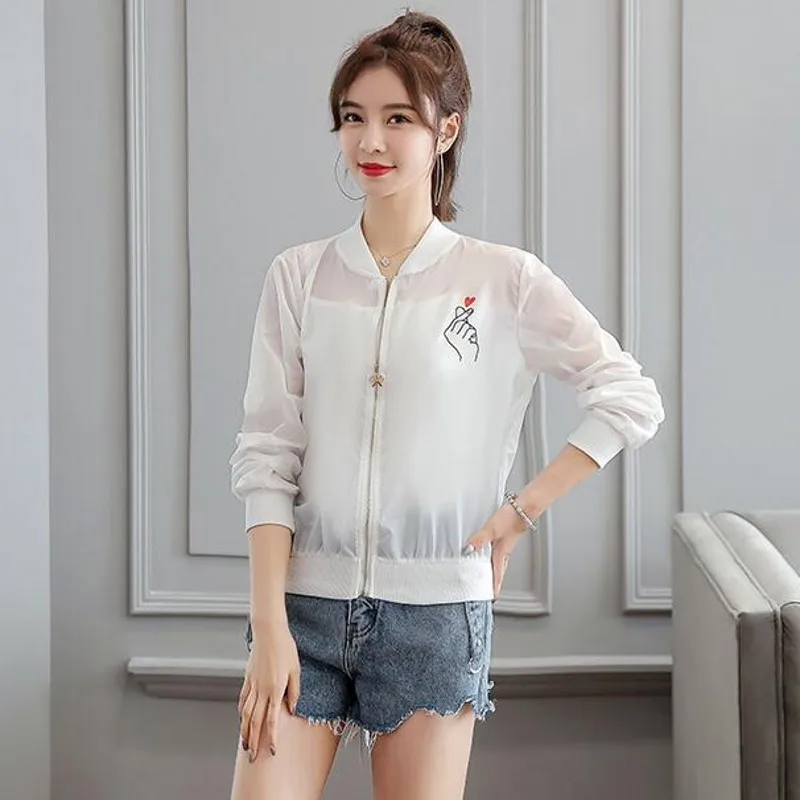 

Summer New Long Sleeve Transparent Thin Open Stitch Women Shirts Funny Print Stand Collar Zipper Fly Streetwear Sunscreen Coats