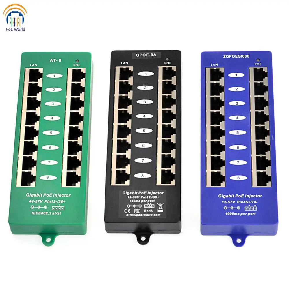 POE Injector Patch Panel POE World IEEE802.3af/at Standard Passive Active POE Injector ModeA/B Gigabit Data Speed Up to 8 RJ-45 Lan Port