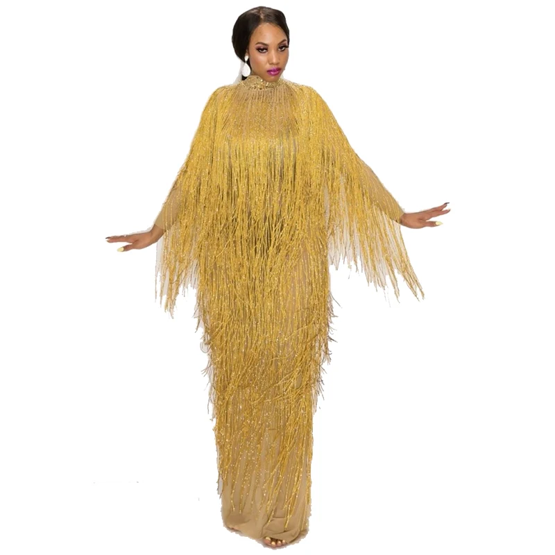 Gold Black Fringes Long Dress Women Birthday Evening Party Dress Female  Singer Stage Costume Net Yarn Tassel Dresses Plus Size - AliExpress  200000532