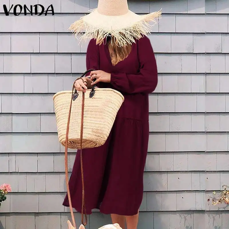 VONDA винтажное повседневное хлопковое платье для беременных, сексуальное богемное платье с v-образным вырезом, свободное однотонное платье, женский сарафан для беременных