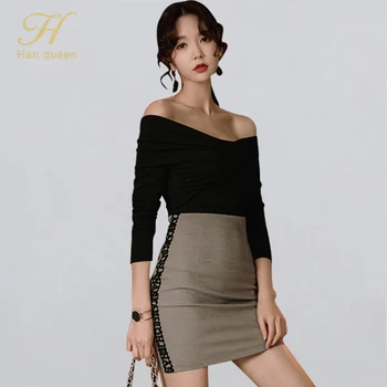 

H Han Queen Women 2020 Spring Sexy OL Work Wear 2 Pieces Set Slash Neck Blouses Crop Top & Sheath Pencil Bodycon Skirt Female