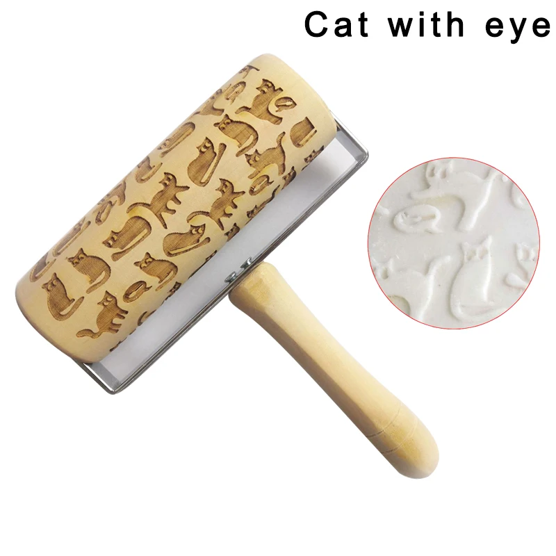cat with eye Деревянная Рождественская тисненая Скалка с гравировкой DIY Инструменты для выпечки печенья детей 2019ing - Цвет: cat with eye