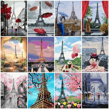 

AZQSD Adult Oil Painting By Numbers Tower Acrylic Paint DIY Unframe Coloring By Numbers On Canvas Landscape Home Decoration