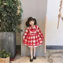 Осеннее платье в клетку для девочек кружевное платье принцессы для девочек милое платье с длинными рукавами из чистого хлопка рождественское платье для девочек