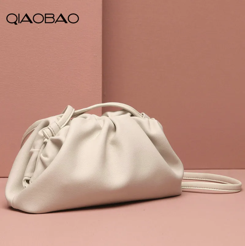 

QIAOBAO Genuine Cow Leather Cloud Bag Soft Wrinkled Dumplings Shoulder Messenger Luxury Handbags Women Designer Ins Hot clutches