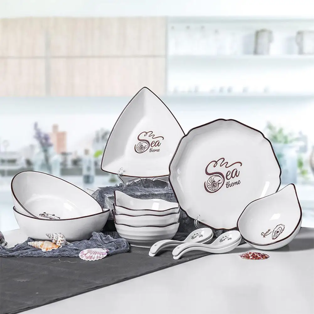 

12pcs/set Ceramic Tableware Set Kitchen Dinnerware Sea World Pattern Design Elegant Bowls Plates Spoons
