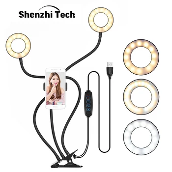 

Selfie Ring Light with Stand Cell Phone Holder Bracket Video Photography LED Selfie Ring Makeup Light Clip Desktop Light for iPh