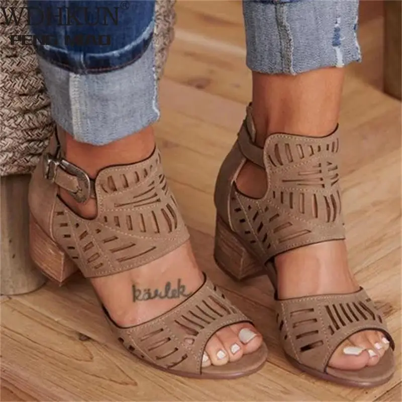 Vintage Hollow Out Sandals Mid Heel Summer Slip-on Buckle Ladies Shoes Artificial Open Toe Casual Wedding Pumps Women Sandalias 1