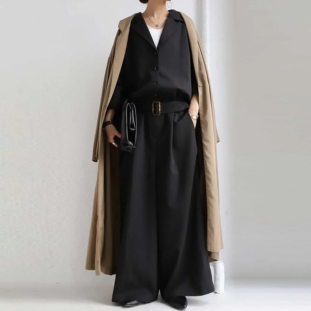 Office Ladies Korean Oversize Black Jumpsuits Women Plus Size Loose Casual Wide Legs Backless Female Elegant Rompers With Belt