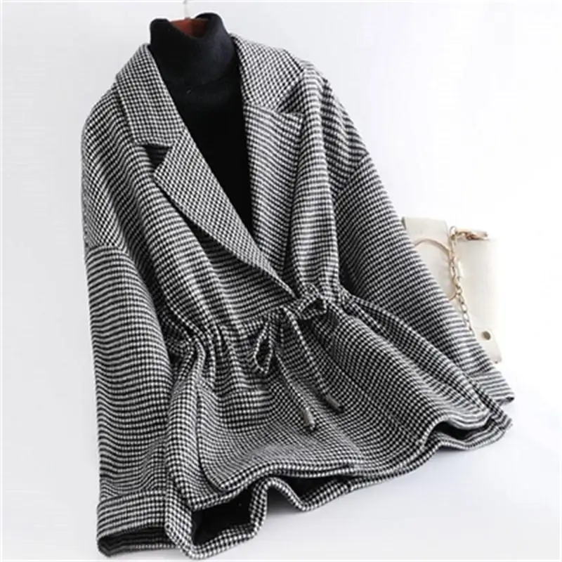 

Fashion Plaid Woolen Blazer women jacket Winter New high quality Closed waist loose houndstooth woolen coat women Blazers women