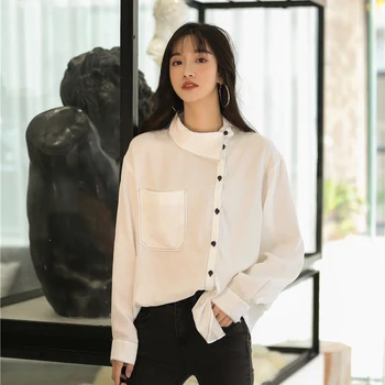 

2020 Spring White Shirt Women Tops and Blouses Summer Diagonal Collar Personality Design Niche Shirt