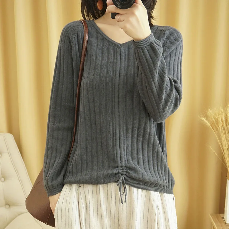 

Sparsil Woman V-neck Drawstring Short Sweater Female Knitted Adjustable Bandage Slim Wool Pullover Striped Elegant Soft Tops
