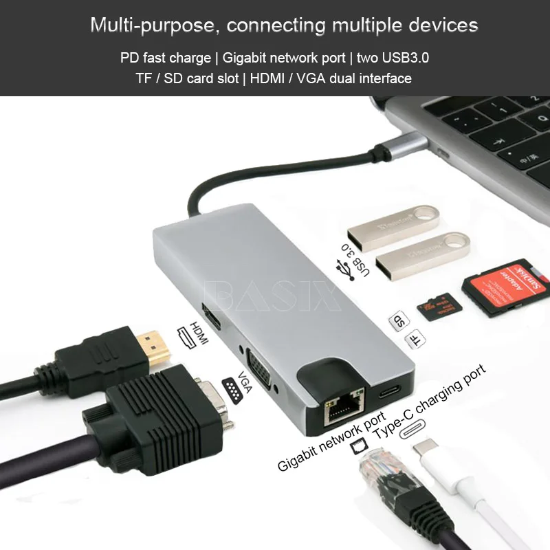 Basix USB C концентратор USB-C к HDMI VGA адаптер Thunderbolt 3 тип-c PD TF 3,5 мм считыватель слот USB3.0 концентратор для MacBookPro huawei P20 Pro - Цвет: 8in1 usb c hdmi vga