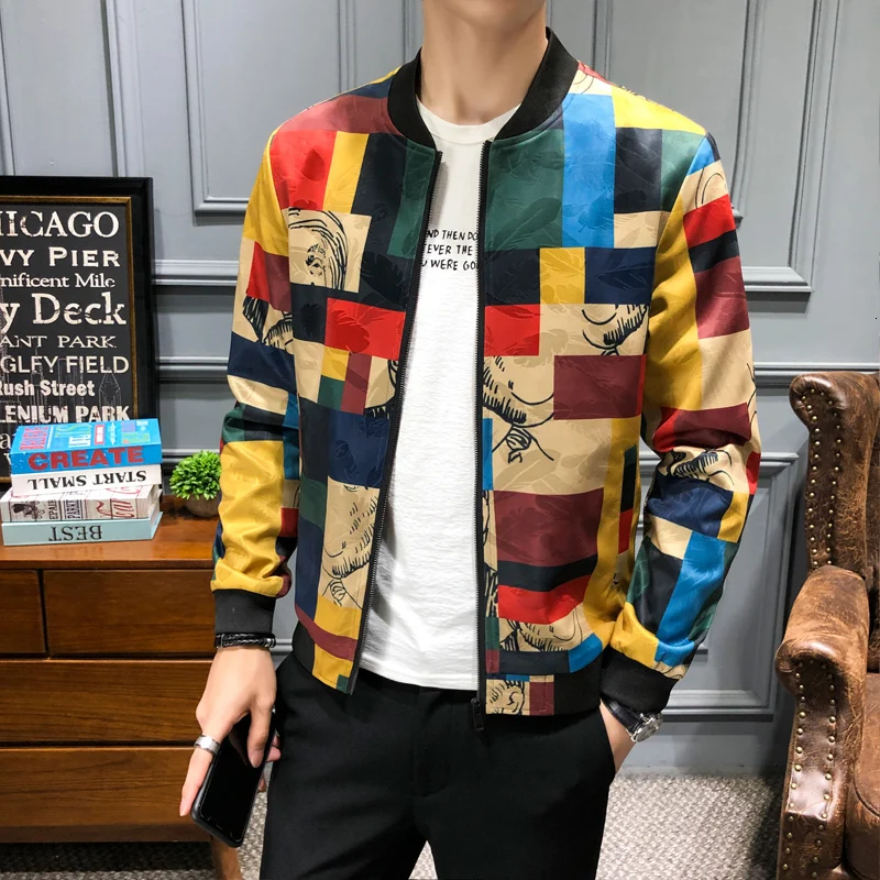 Vintage Jacket Men Floral Bomber Patchwork Lattice Long Sleeve Zipper Jackets Coat Men's Pilot Plus Size M-5XL | Мужская одежда