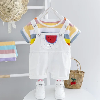 

HYLKIDHUOSE 2020 Summer Baby Girls Clothing Sets Toddler Infant Stripe T Shirt Denim shorts Children Kids Casual Clothing