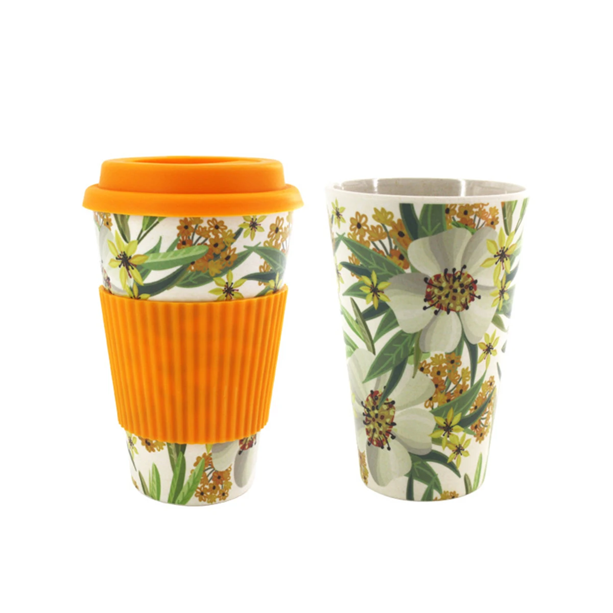 400 мл портативные практичные многоразовые чашки из бамбукового волокна с силиконовой крышкой для кофе Экологичные Нескользящие кружки с принтом для путешествий - Цвет: Orange