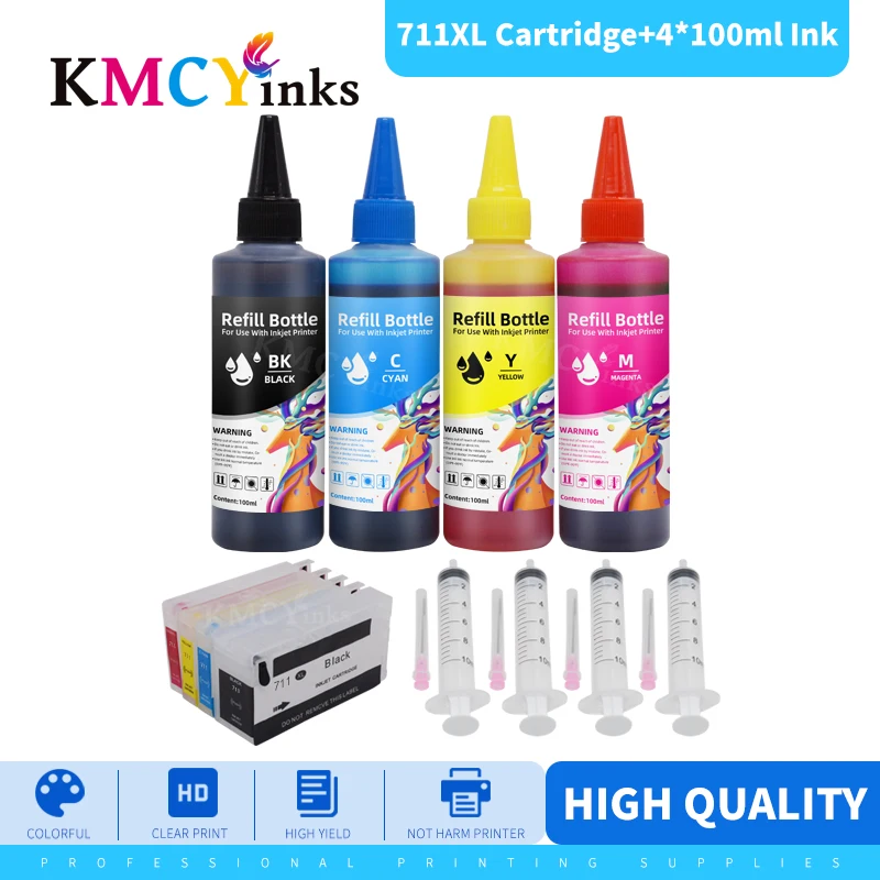 KMCYinks 4 цвета для HP 711 пустой пополняемый картридж чернил с сбрасываемым чипом