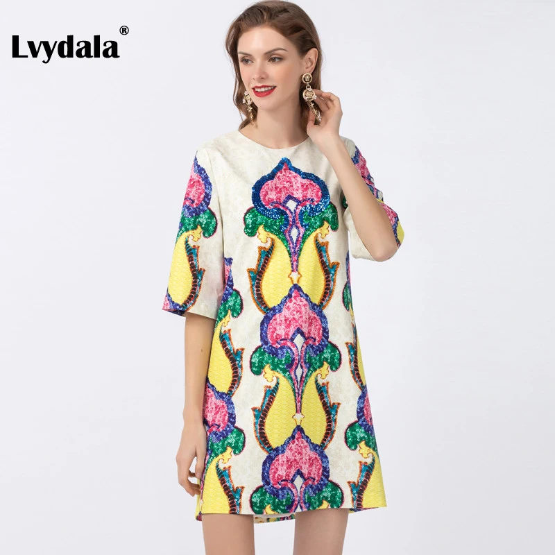 Lvydala, модное дизайнерское платье, весна-лето, женское платье, рукав до локтя, с принтом, стильное, расшитое бисером, с блестками, свободные платья для вечеринок