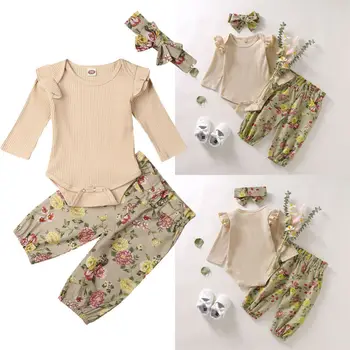 

Newborn Baby Girl Clothes Solid Ruffle Romper Jumpsuit Floral Long Pants Outfits
