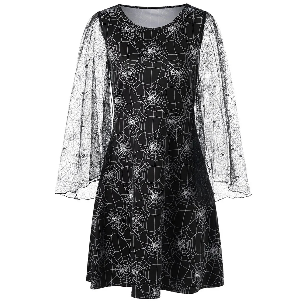 

Halloween Loose Cobweb Print Yarn Dresses Party Women Long Sleeves Mini Casual vestidos mujer roupas feminina robe femme Black