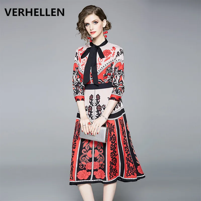

VERHELLEN Autumn 2019 Fashion Designer Runway Dress Women Bow Cllar 3/4 Sleeve Gorgeous Red Flower Print Midi Slim Vintage Dress