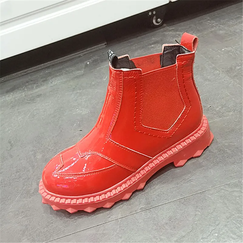 Г. Осенние и зимние тонкие ботинки яркие женские Ботинки martin из лакированной кожи на низком каблуке, без застежки - Цвет: Красный