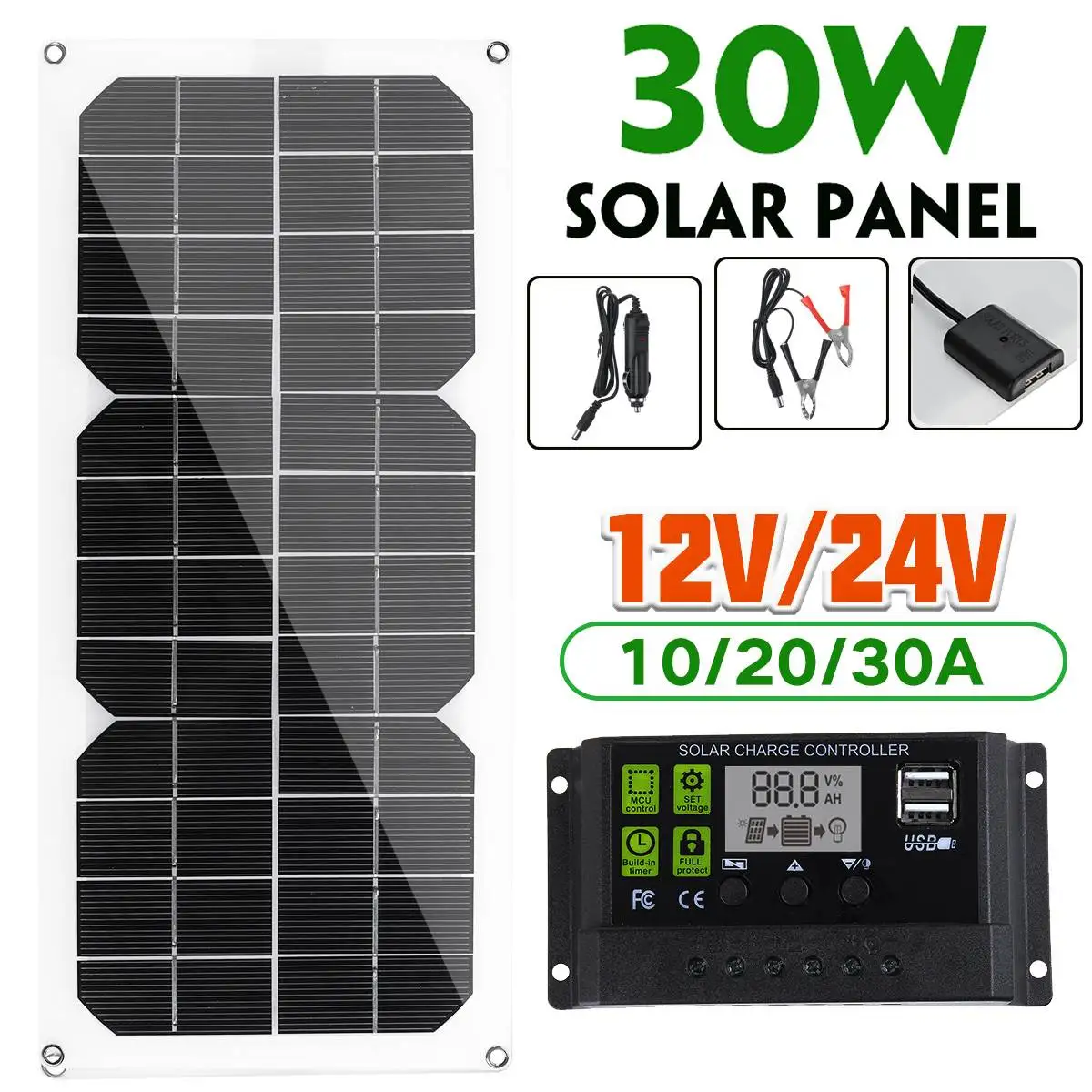

30W Solar Panel 12V/24V LCD Display PWM Solar Charge Controller 2 USB Bank Board External Battery Charging USB Car Charger