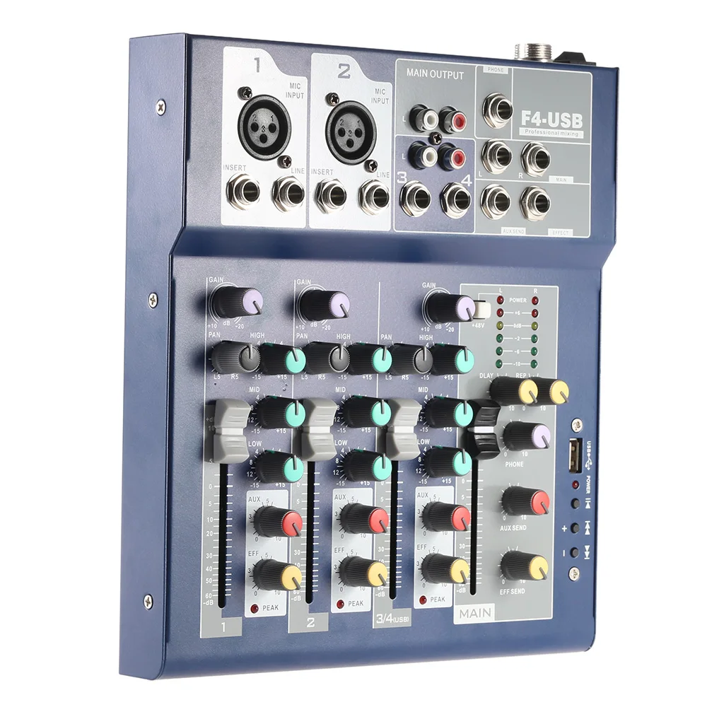 

Professional Metal 4 Channel Live Mixer Mixing Console 3-Band EQ USB Function 48V Phantom