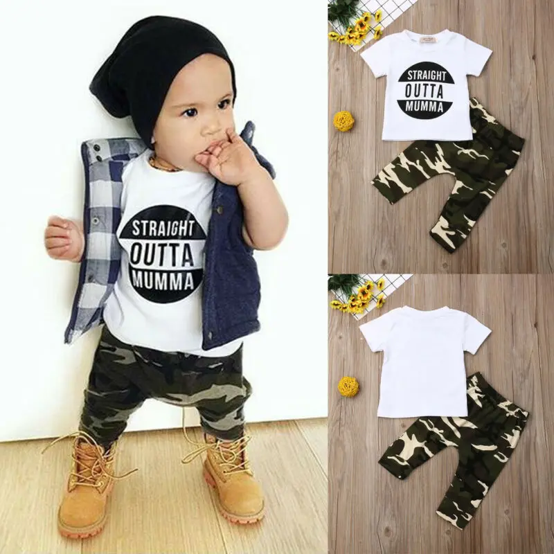 Emmababy От 0 до 3 лет из 2 предметов для маленьких мальчиков Топ, футболка камуфляжные штаны, комплект одежды