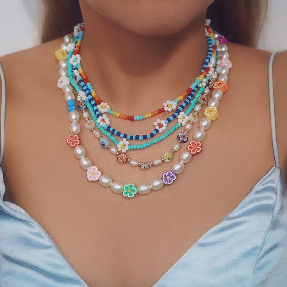 Korean Fashion Colorful Little Daisy Flower Beaded Necklace For Women Bohemian Beads Clavicle Chain Choker Necklace Jewelry