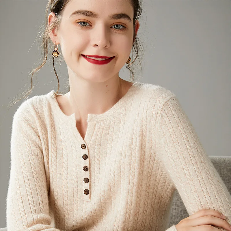 

2019 Autumn And Winter New Style Crew Neck Button down Sweater Women's Korean-style Short Twist Knitted Woollen Sweater Women's