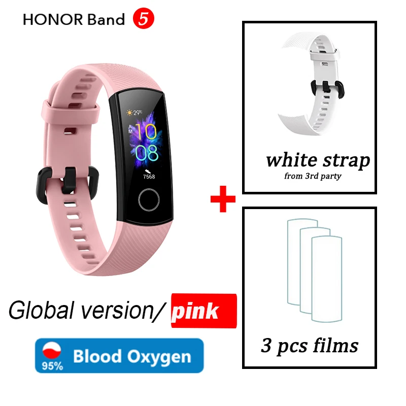 Кровяный кислород honor band 5 Смарт-браслет AMOLED Huawe honor умные часы пульсометр фитнес сон Плавание Спорт трекер - Цвет: pink global white