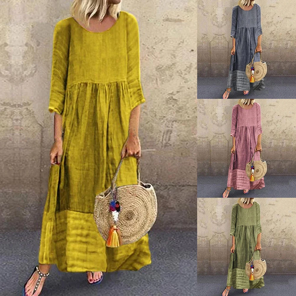 Богемное платье, новинка, женское платье, винтажное, свободное, Boho, средний рукав, градиентный принт, Ретро стиль, Круглый ворот, длинное, одноцветное, платья
