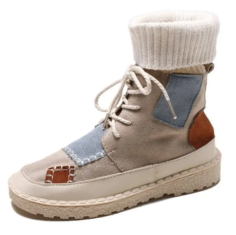 

Autumn and Winter Explosions Suede Canvas Color Matching Wild High-top Wool Mouthboots Women Shoes Zapatos De Mujer Botas