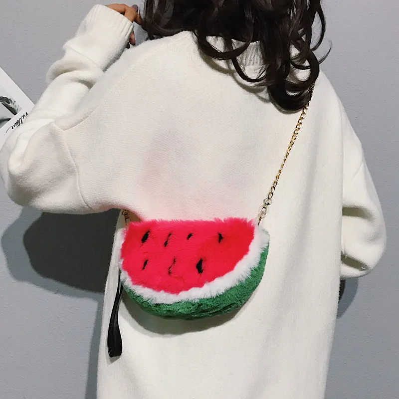 

Sweet Lady Watermelon Bag 2019 Winter New High Quality Soft Plush Women's Designer Handbag Chain Shoulder Messenger bag Purses