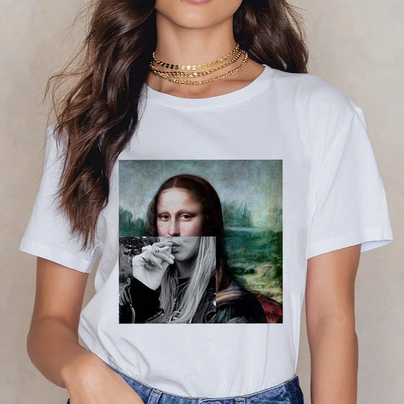 

Spoof Mona Lisa Smile T Shirt Women Funny Da Vinci Oil Painting Digital Print 2019 Fall Harajuku Aesthetics Street Tops Femme
