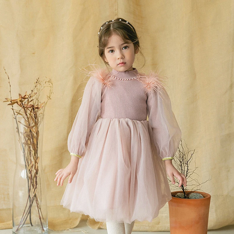 Розовое газовое платье с длинными рукавами и бархатной подкладкой для девочек; Детские вечерние платья на Рождество и год; зимняя верхняя одежда для детей