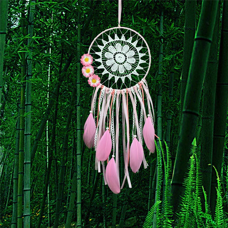 Lace Pink Feather Dream Catchers Round Metal Ring Circle Handmade Indian Style Bedroom Home Decorations Hanging Decors MS6996