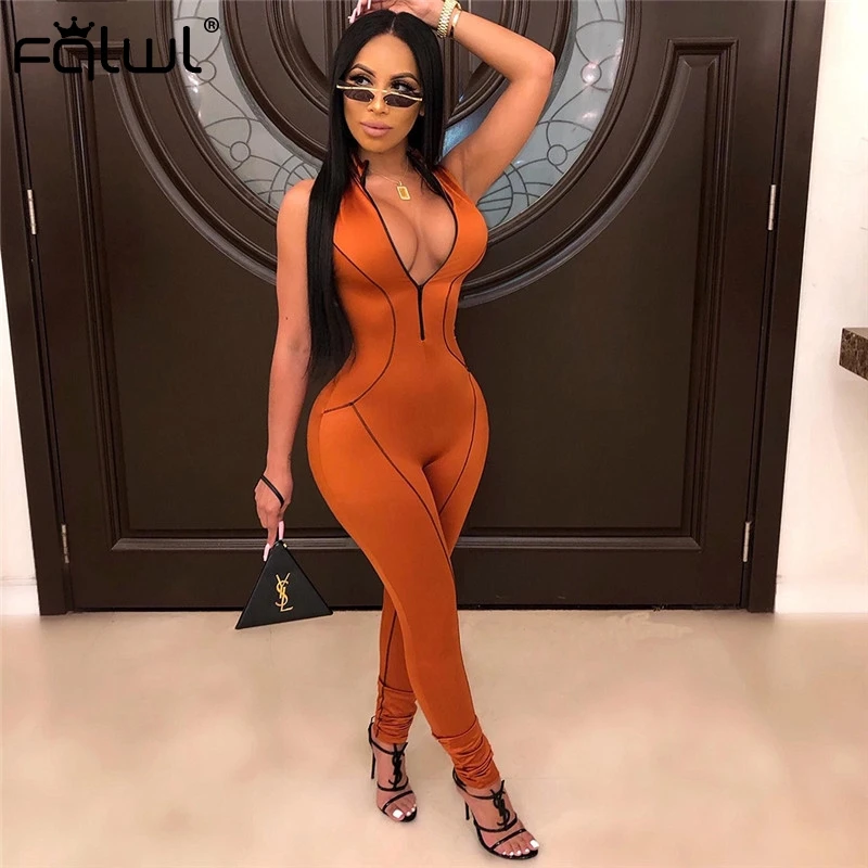 

FQLWL Striped Sexy Club Bodycon Jumpsuit Women Overall 2019 Sleeveless Zipper Skinny Ladies Summer Romper Womens Jumpsuit Female