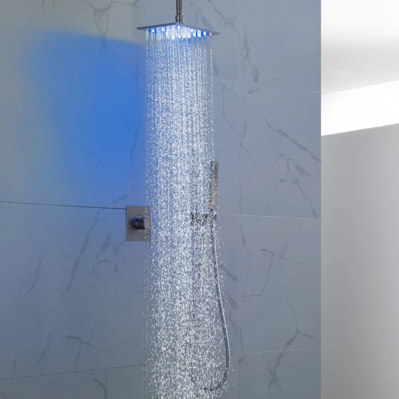 

Brushed Nickel Rain Shower System With handheld Spray 8 X 12 Inch LED Shower Head