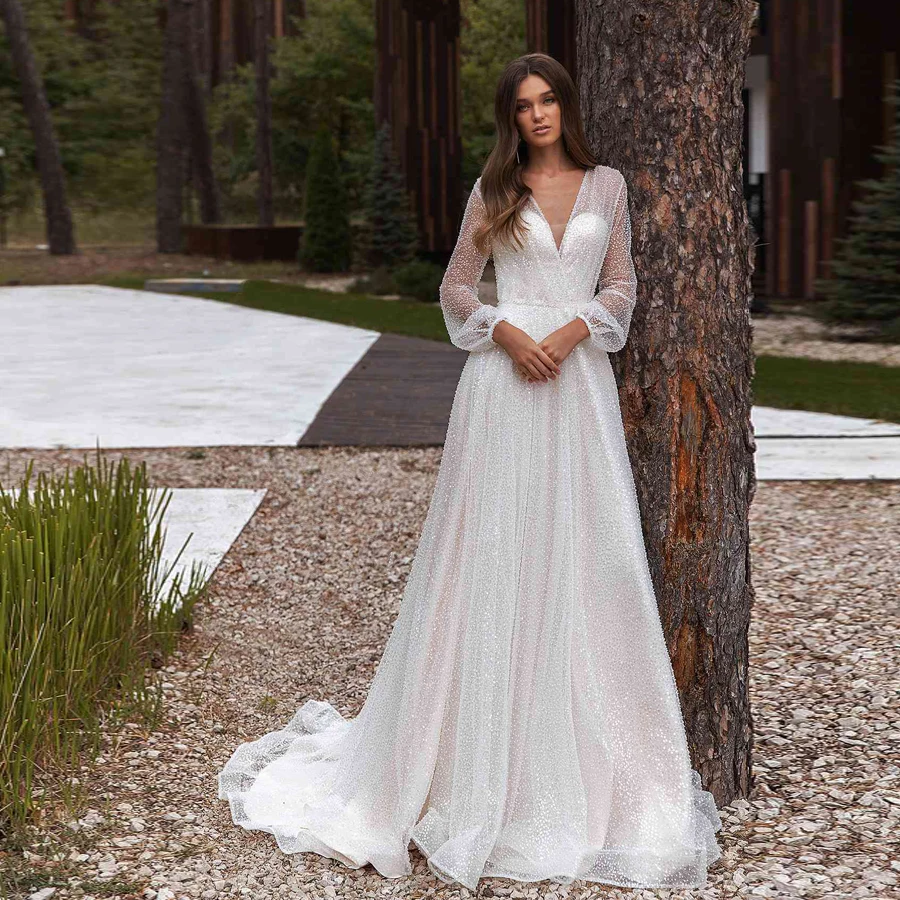 

Блестящее свадебное платье с V-образным вырезом, длинными рукавами и блестками, блестящее облегающее платье для невесты с открытой спиной, свадебное платье