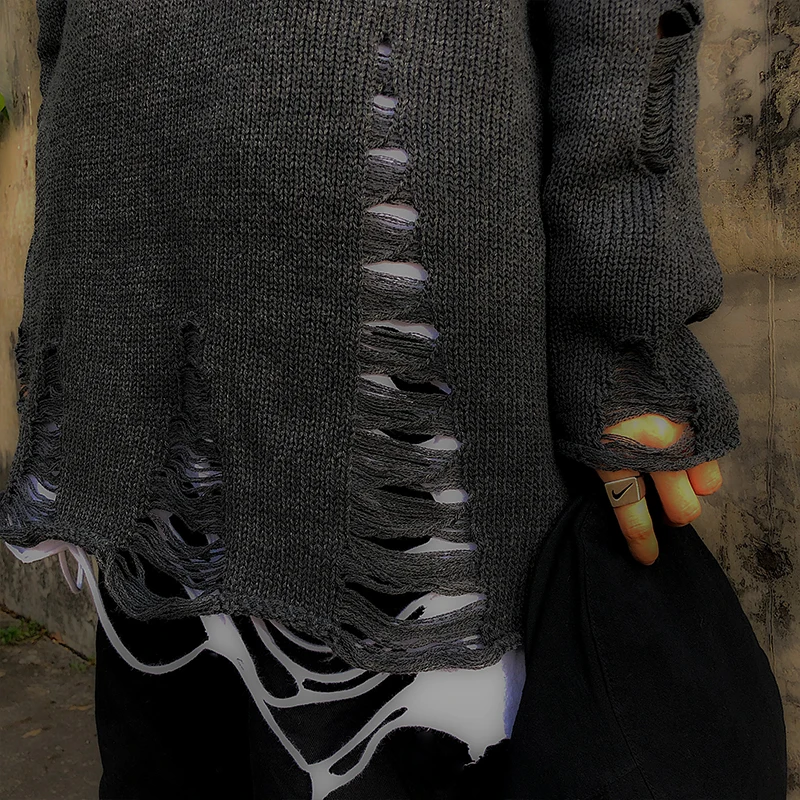 Однотонный черный серый пуловер унисекс в стиле панк, свитер, женский, мужской, с дырками, с круглым вырезом, вязаный Топ, готический джемпер