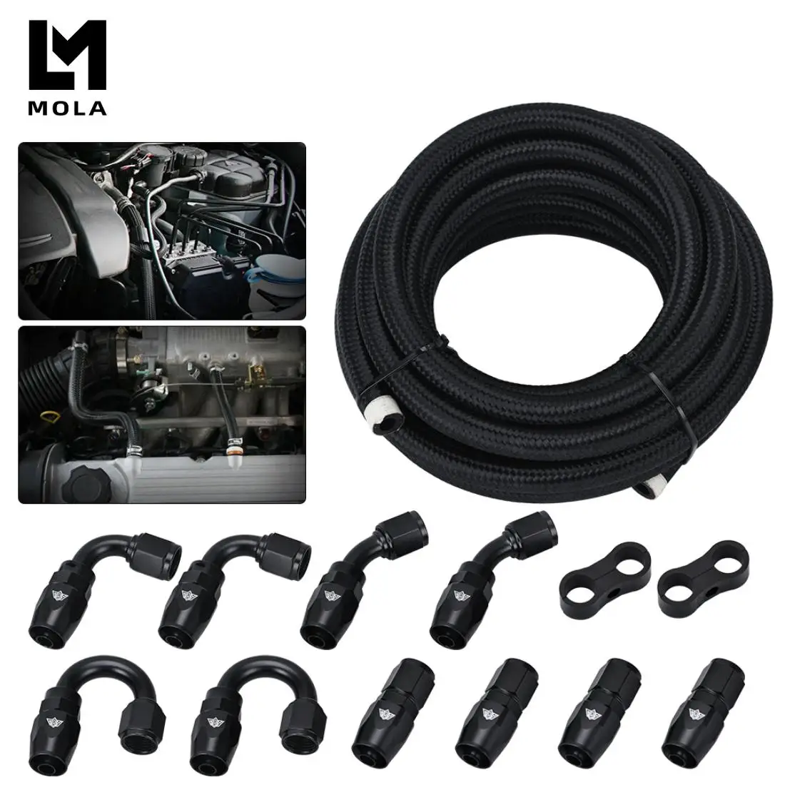 

6AN AN6 Oil Fuel Fittings Hose End 0+45+90+180 Degree Oil Adaptor Kit AN6 Braided Oil Fuel Hose Line 5M Black With Clamps
