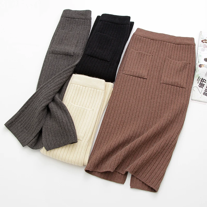 

Elegant Midi Pencil Skirts 2019 Autumn High Waist Stretch Band Ribbed Knitted Skirt Women Winter Thick Warm Split Pleated Skirt